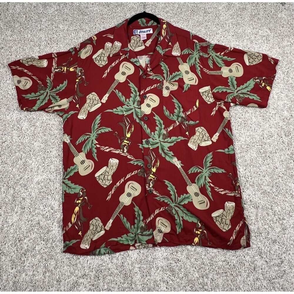 Utility Hawaiian Shirt Men’s Large Red Rayon Tropical Guitar Palm Tree Aloha